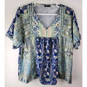 Noracora 3XL Women's Short Sleeve Top Blue Crochet Bohemian Festival